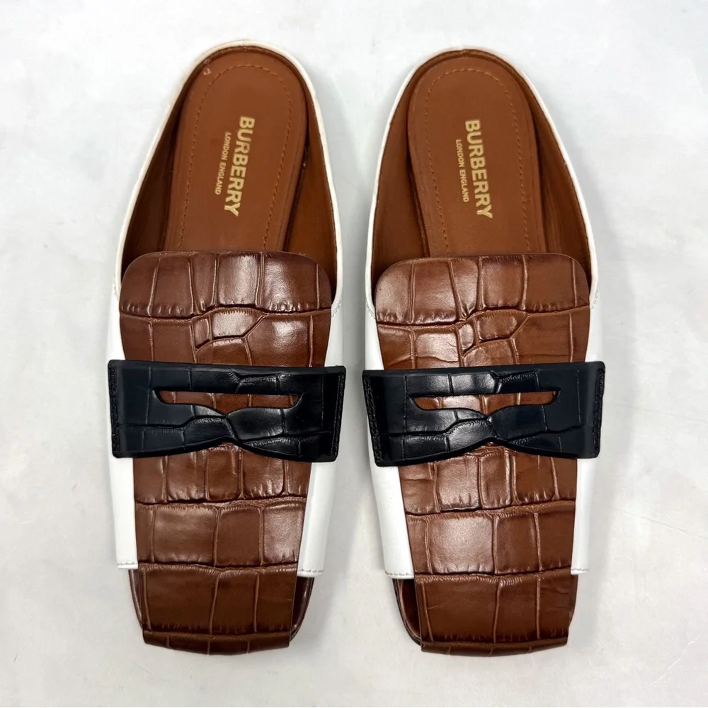 Burberry Beckswalk Leather Croc Backless Slide Mule Loafer Flat Shoes Colorblock